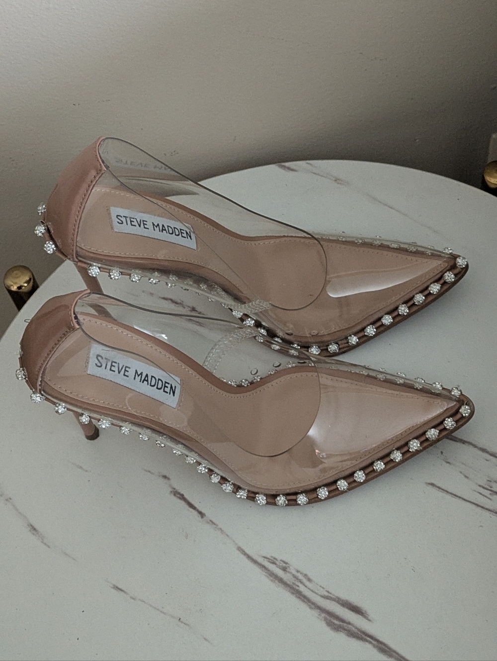 Steve Madden Nude Clear Pointed Toe Pumps with Crystal Trim - Picture 2 of 14